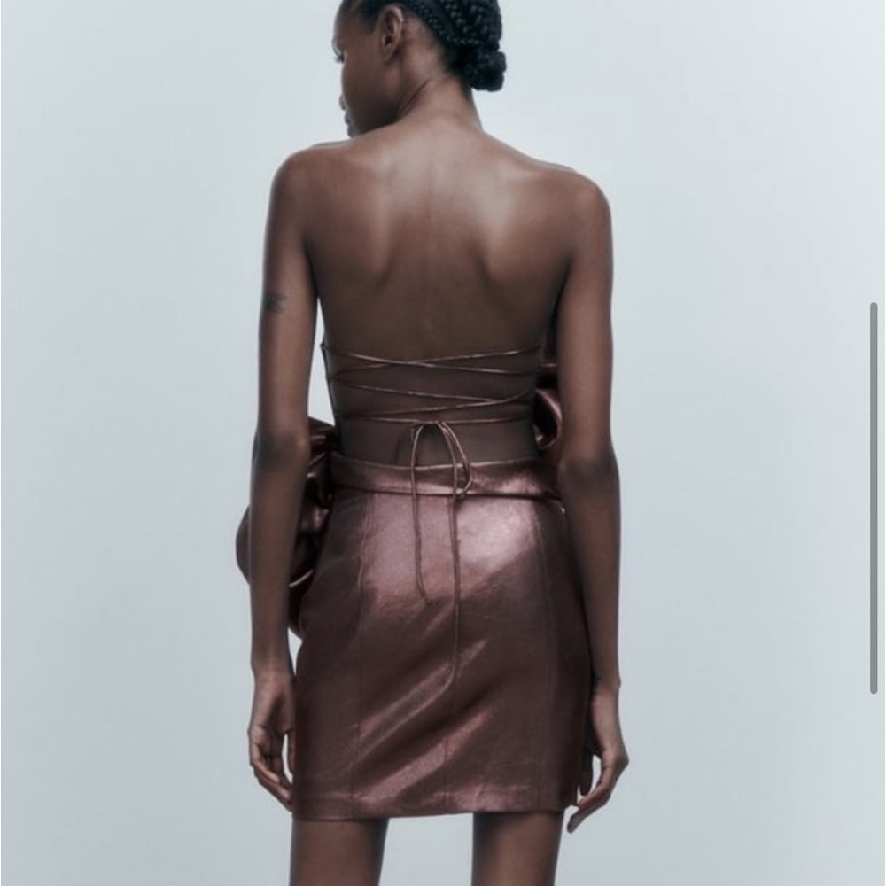 ZARA METALLIC BROWN ROSE 3D STRAPLESS DRESS - Picture 5 of 9